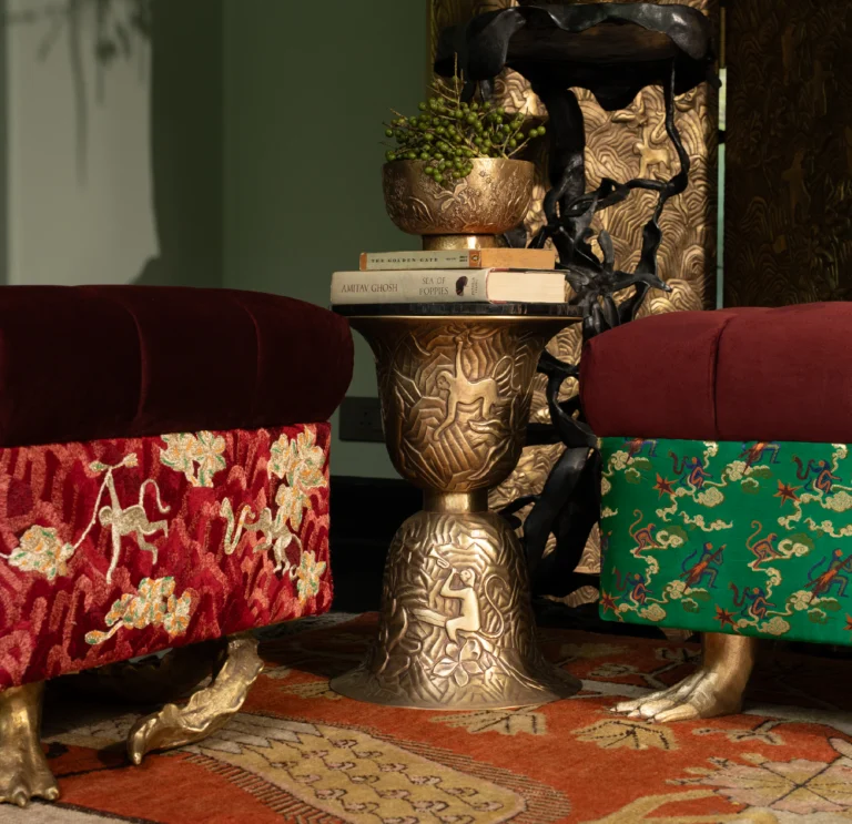 At Frieze London, Vikram Goyal’s new collection moves beyond metal repoussé into brocade, mother-of-pearl marquetry and hand-knotted rugs
